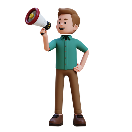 Young Man Announcing Something Using Megaphone  3D Illustration