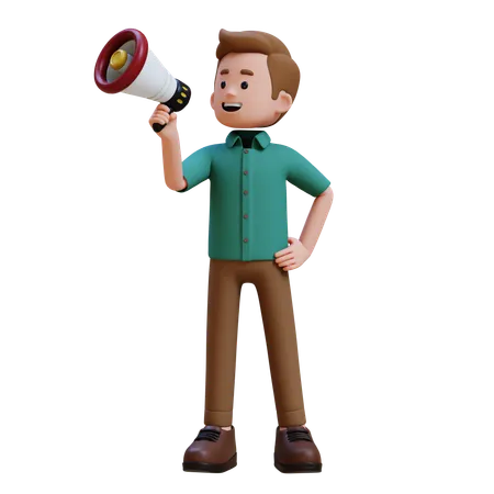 Young Man Announcing Something Using Megaphone  3D Illustration