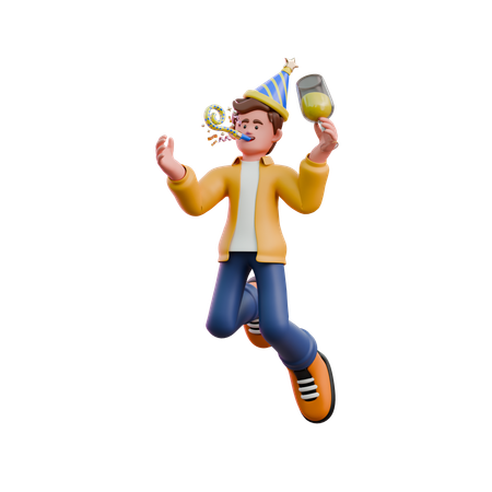 Young Man Blowing Party Whistle  3D Illustration