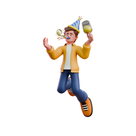 Young Man Blowing Party Whistle  3D Illustration