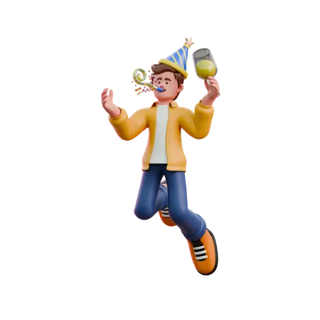 Young Man Blowing Party Whistle  3D Illustration