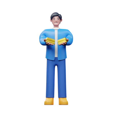 Young Man Bring Gold  3D Illustration