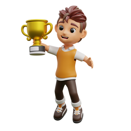 Young Man Bring Trophy  3D Illustration