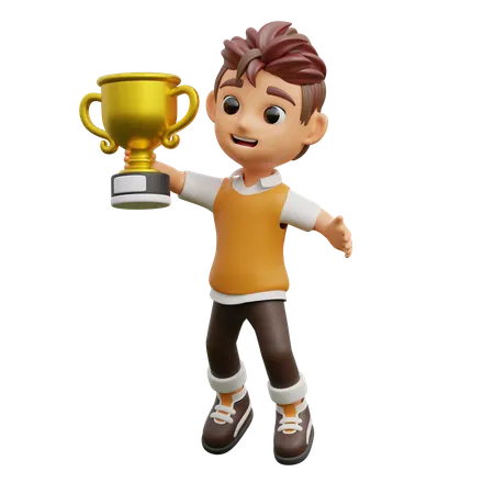 Young Man Bring Trophy  3D Illustration