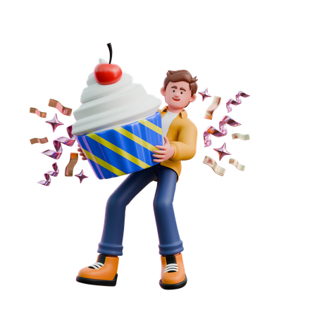 Young Man Carrying Cupcake  3D Illustration