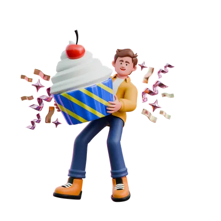 Young Man Carrying Cupcake  3D Illustration