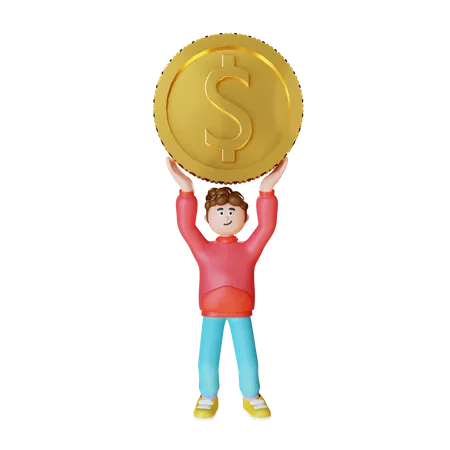Young Man Carrying Dollar Coin  3D Illustration