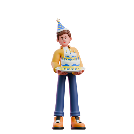 Young Man Carrying New Year Cake  3D Illustration