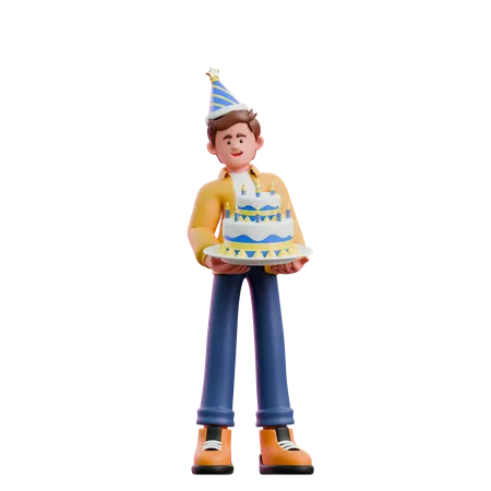 Young Man Carrying New Year Cake  3D Illustration