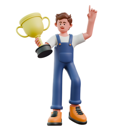 Young man carrying trophy cup  3D Icon