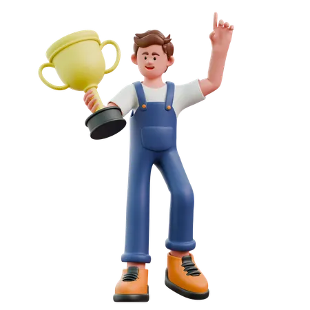 Young man carrying trophy cup  3D Icon
