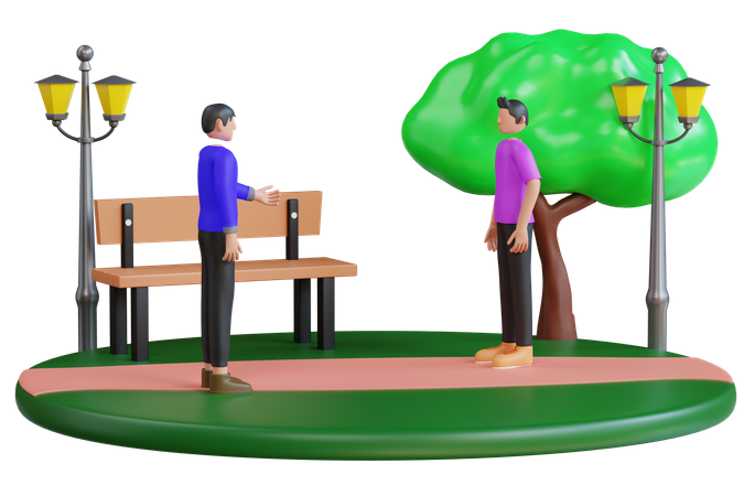 公園で会話する若い男性  3D Illustration