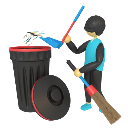 3 D Illustration Of Man Cleaning Trash 3D Illustration
