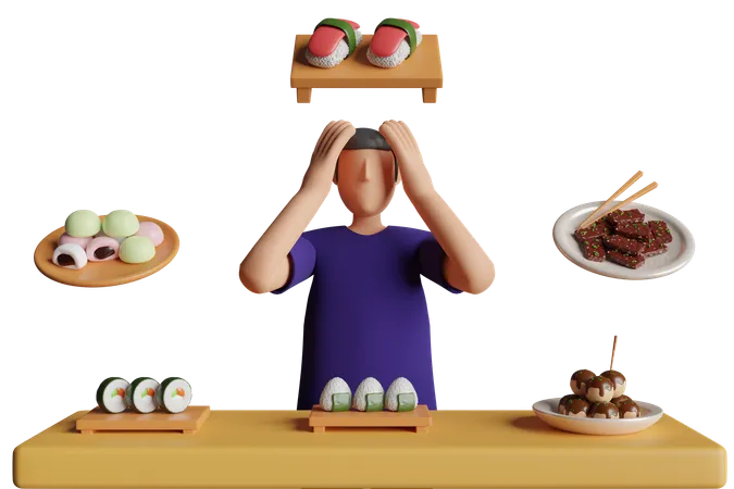 食べ物の選択に困惑する若者  3D Illustration