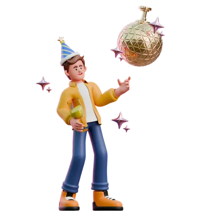 Young Man Dancing Under Disco Ball  3D Illustration