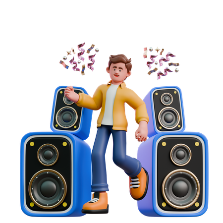 Young Man Dancing Using Speaker  3D Illustration