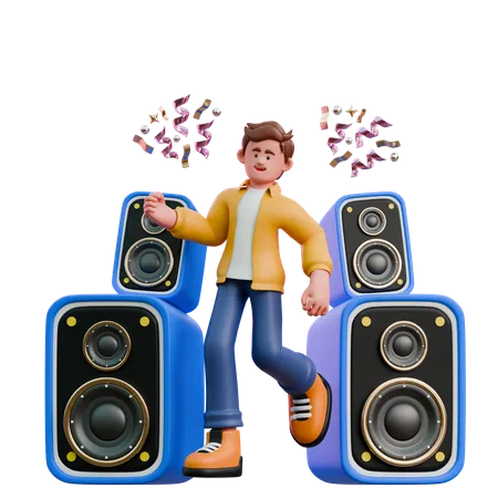 Young Man Dancing Using Speaker  3D Illustration
