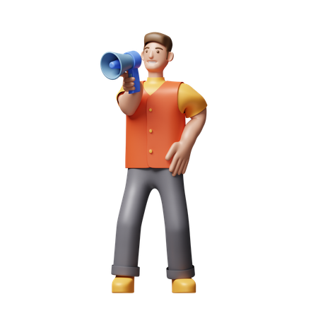 Young Man Doing Announcement Using Megaphone  3D Icon