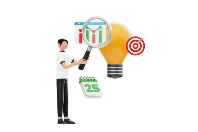 Young Man Doing Business Research With Goal  3D Icon