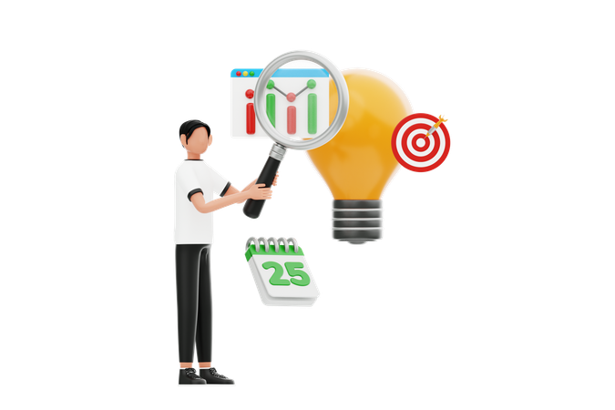Young Man Doing Business Research With Goal  3D Illustration
