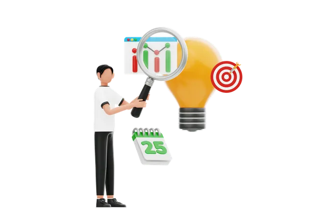 Young Man Doing Business Research With Goal  3D Illustration