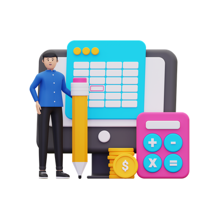 Young man doing financial calculation 3D Illustration