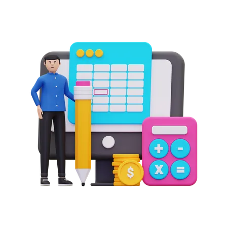 Young man doing financial calculation 3D Illustration