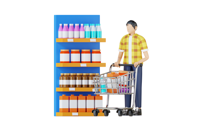 Young Man Doing Grocery Shopping  3D Illustration