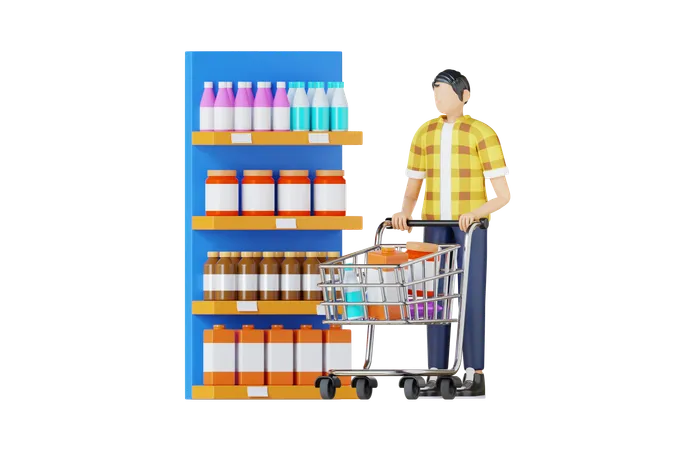 Young Man Doing Grocery Shopping  3D Illustration