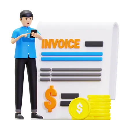 Young Man Doing Online Invoice Payment  3D Illustration