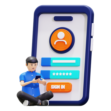 Young Man Doing Sign In On Mobile With Security Key  3D Illustration