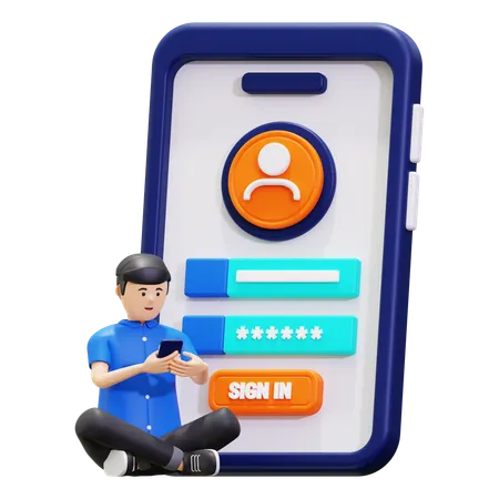 Young Man Doing Sign In On Mobile With Security Key  3D Illustration