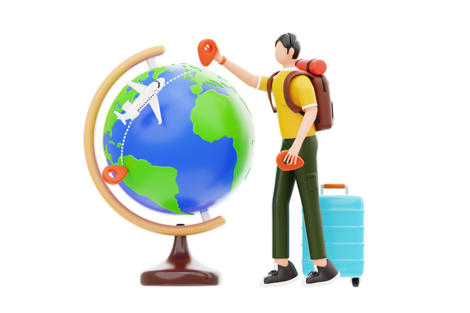 Young Man Doing Travel Around World  3D Illustration