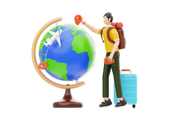 Young Man Doing Travel Around World  3D Illustration
