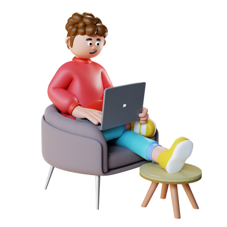 Young Man Doing Work On Laptop And Sit On Sofa  3D Icon