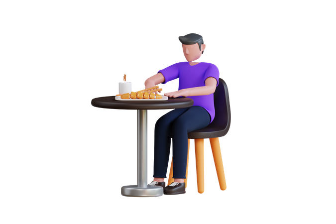 Young Man Eating Chicken Katsu  3D Illustration