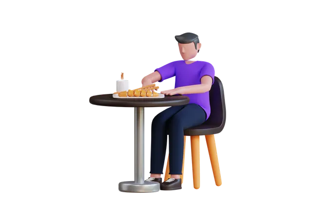 Young Man Eating Chicken Katsu  3D Illustration