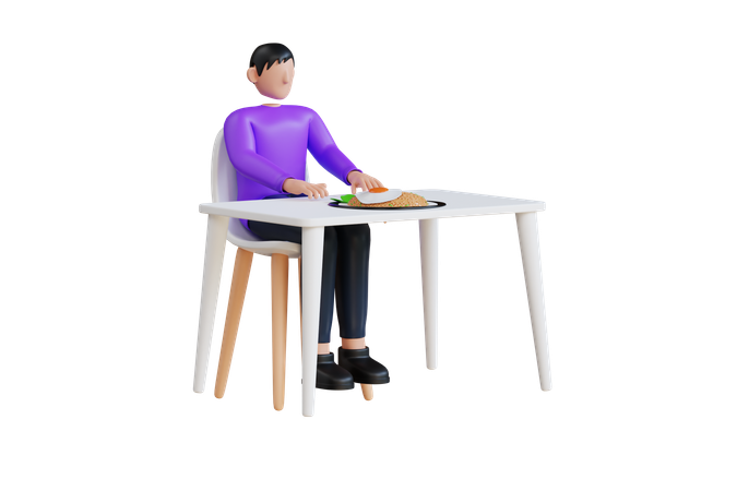 Young Man Eating Fried Rice  3D Illustration