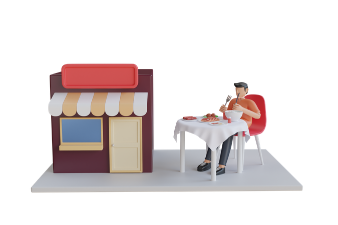 Young Man Eating In Restaurant  3D Illustration