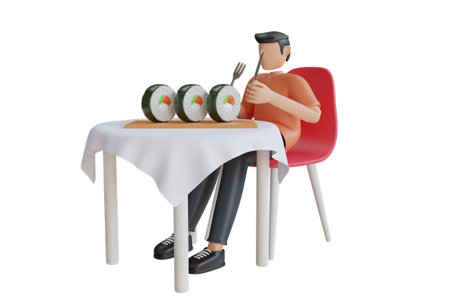 Young Man Eating Sushi  3D Illustration