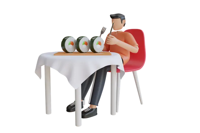 Young Man Eating Sushi  3D Illustration