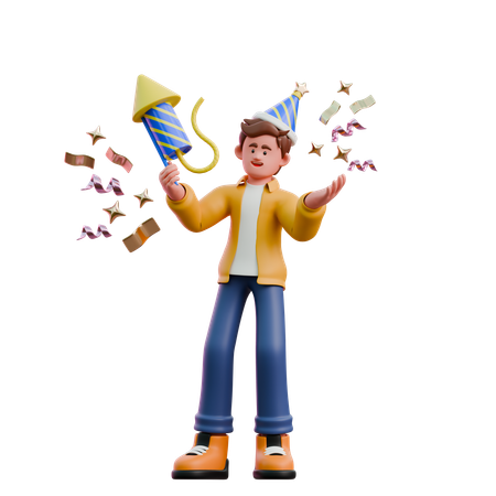 Young Man Enjoying New Year Party With Fireworks  3D Illustration