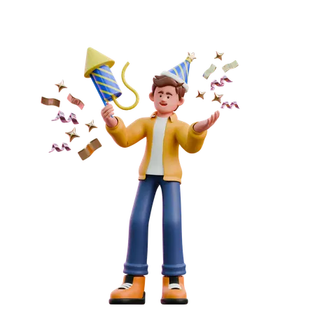 Young Man Enjoying New Year Party With Fireworks  3D Illustration