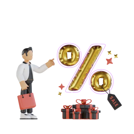 Young man finding black friday discount 3D Illustration