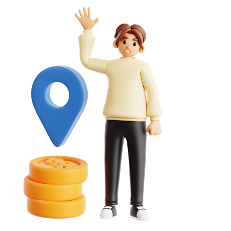 Young Man Finding Financial Opportunities With Location Pin And Coins  3D Illustration