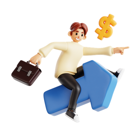Young Man Flying Toward Financial Success With Rocket And Dollar Sign  3D Illustration