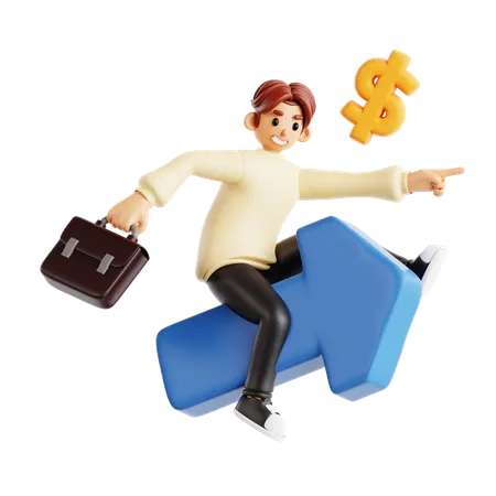 Young Man Flying Toward Financial Success With Rocket And Dollar Sign  3D Illustration