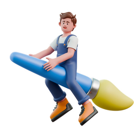 Young man flying with brush  3D Icon