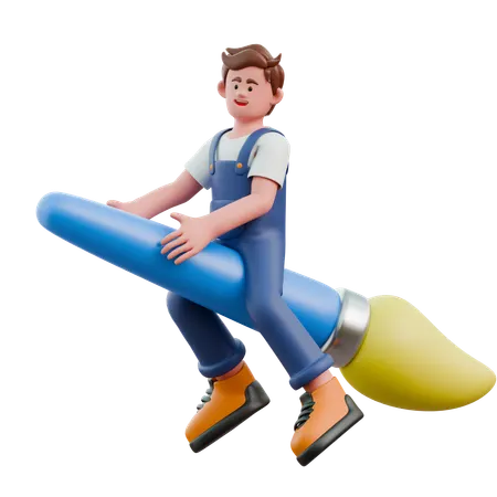 Young man flying with brush  3D Icon