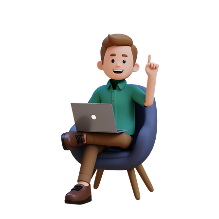 Young Man Getting Idea While Sitting On Sofa And Working On Laptop  3D Illustration